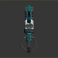 Futuristic Sci Fi Weapon With Teal And Silver Mechanical Design Barrel Grip And Tech Features