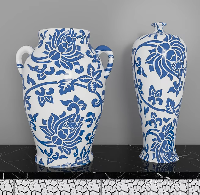 Blue And White Porcelain Vases With Floral Patterns And Vine Decorations On Black Tabletop 3d model 