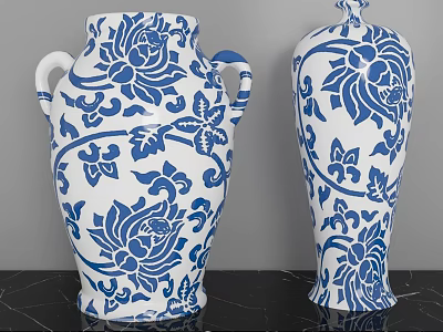 Blue And White Porcelain Vases With Floral Patterns And Vine Decorations On Black Tabletop 3d model