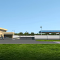 Industrial Plant with Blue Roof White Storage Tanks and Truck in Forested River Area