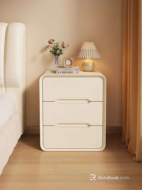 Beige Bedroom Bedside Table With Lamp Vase Books And Clock Decor 3d model 