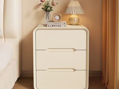 Beige Bedroom Bedside Table With Lamp Vase Books And Clock Decor 3d model