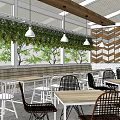 Modern Restaurant Interior With Wooden Ceiling Chevron Decor Hanging Plants And Natural Light