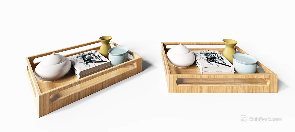 Ornamental Decor Set with Wooden Tray Yellow Vase Light Blue Cup and Patterned Book 3d model 