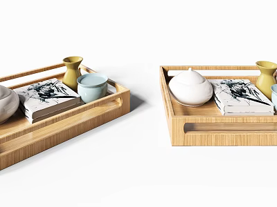 Ornamental Decor Set with Wooden Tray Yellow Vase Light Blue Cup and Patterned Book 3d model