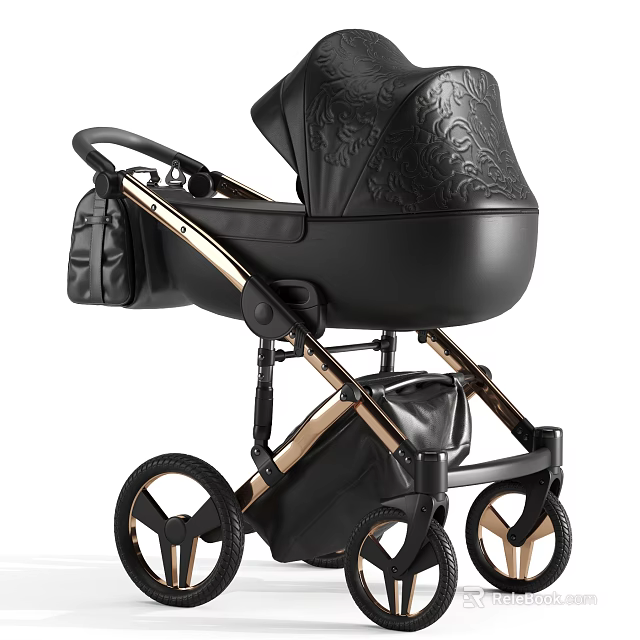 Luxury Black Baby Stroller With Gold Frame And Leather Details 3d model 