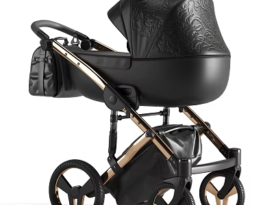 Luxury Black Baby Stroller With Gold Frame And Leather Details 3d model
