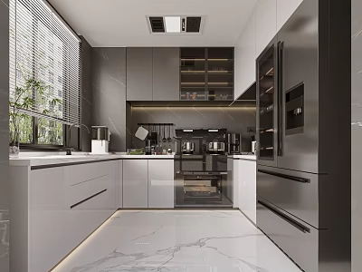 Modern Open Concept Kitchen Interior With White Cabinets Marble Countertops And Appliances 3d model