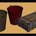 Gray And Red Metal Buckets With Wooden Crate On Brown Surface