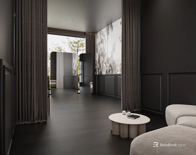 Modern Dining and Living Room Interior With Dark Walls Curtains Round Coffee Table And Sofa 3d model 