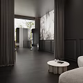 Modern Dining and Living Room Interior With Dark Walls Curtains Round Coffee Table And Sofa