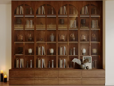Stylish Wooden Bookshelf With Multiple Compartments Books Decorative Items And Bottom Drawers 3d model
