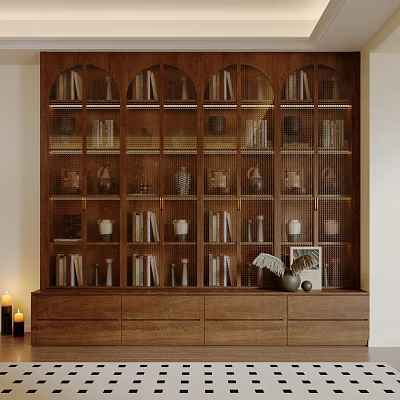 Stylish Wooden Bookshelf With Multiple Compartments Books Decorative Items And Bottom Drawers 3d model