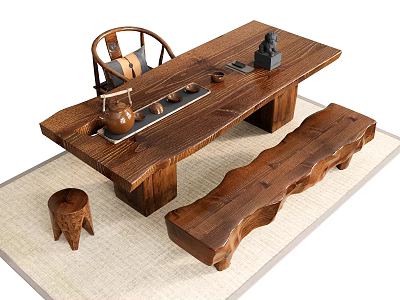 Tea Table and Chair Dining Chair Leisure Chair Master Chair Circle Chair Stool Low Stool Bench Log Stool Tea Set Ornaments Carpet 3d model