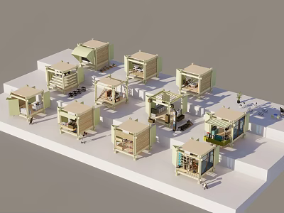 Varied Light Colored Miniature Building Models With Roofs Windows On White Platform 3d model