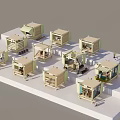 Varied Light Colored Miniature Building Models With Roofs Windows On White Platform 3d model