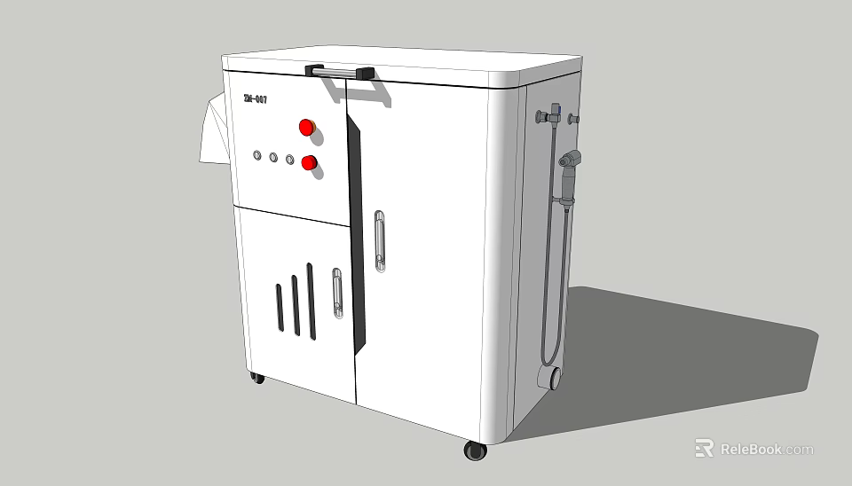 White Kitchen Appliance with Control Panel Red Buttons Cabinet Doors Wheels and Detachable Hose 3d model 
