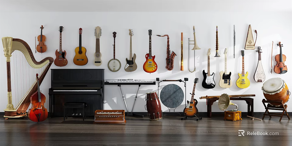 Musical Instruments And Art Supplies With Guitars Piano Saxophone Display On Wall And Floor 3d model 
