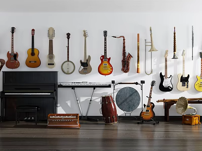 Musical Instruments And Art Supplies With Guitars Piano Saxophone Display On Wall And Floor 3d model