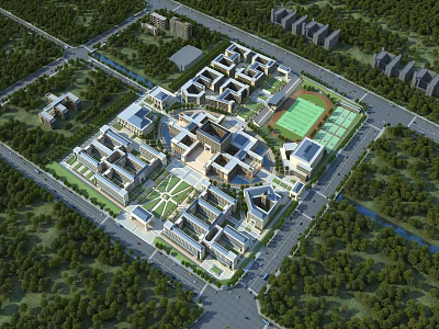 Aerial View of Modern School Buildings Campus With Sports Field and Green Trees 3d model