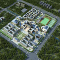 Aerial View of Modern School Buildings Campus With Sports Field and Green Trees