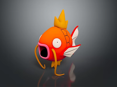 Cartoon Orange Fish With Yellow Crown Open Mouth White Eyes Red White Fins Yellow Whiskers 3d model