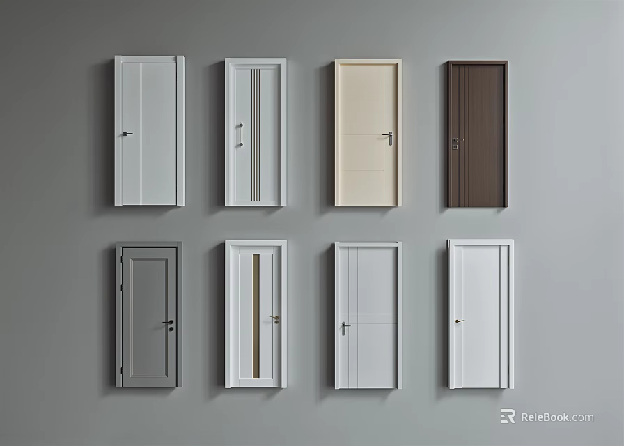Various Color Swing Doors With Different Styles Arranged On Gray Background 3d model