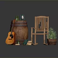 Rustic Wooden Rocking Chair with Wooden Barrel Lantern Acoustic Guitar and Potted Plant on Rug