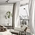 Modern Living and Dining Room Interior With White Sofa Glass Coffee Table and Large Windows