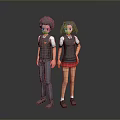 Two Children Boy and Girl in School Uniforms Standing with Gray Pants Red Skirt