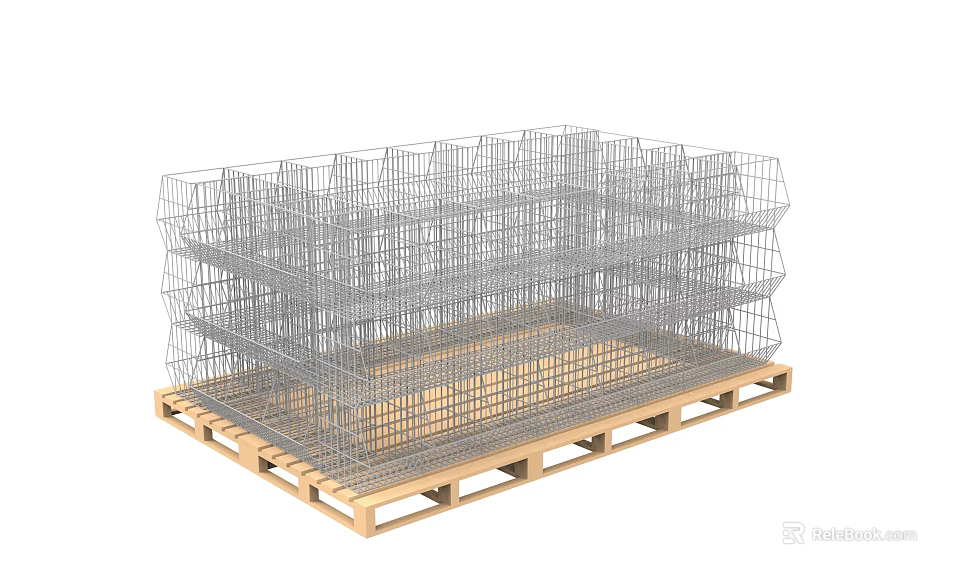 Metal Wire Mesh Display Shelving Unit With Multi Tiered Design And Wooden Pallet Base 3d model 