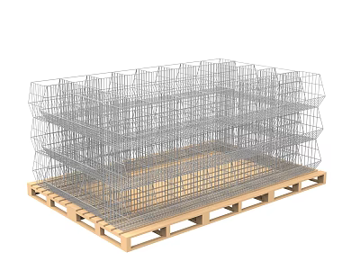 Metal Wire Mesh Display Shelving Unit With Multi Tiered Design And Wooden Pallet Base 3d model