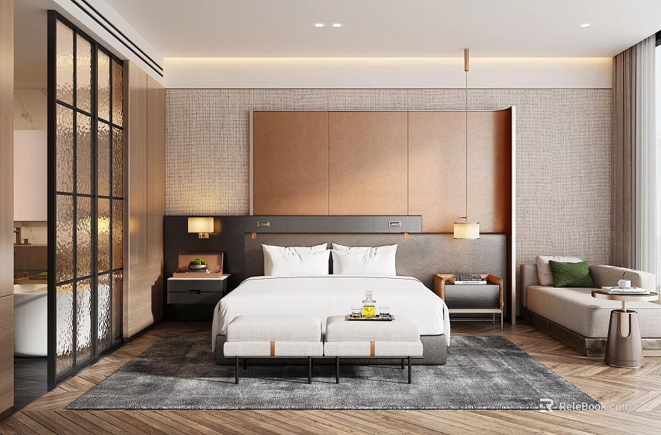 Modern Hotel Room Interior With King Bed Nightstands Table Lamps Area Rug And Sofa 3d model 