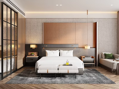 Modern Hotel Room Interior With King Bed Nightstands Table Lamps Area Rug And Sofa 3d model