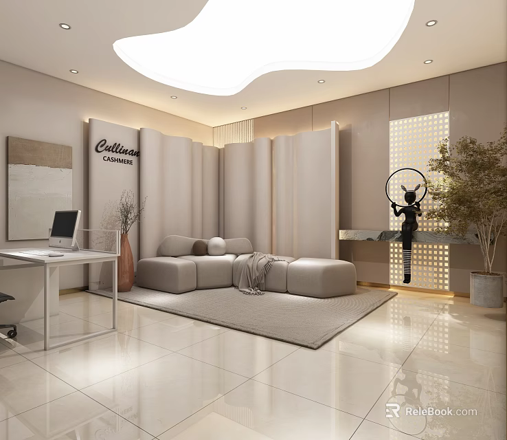 Modern Office Interior Design With Gray Sofa Rug Desk Computer And Plant 3d model 