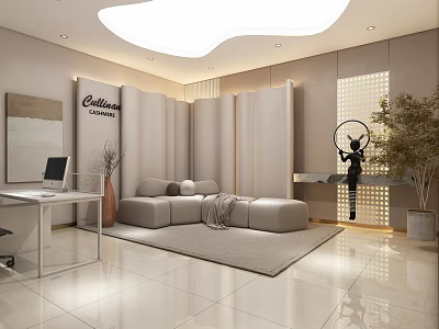 Modern Office Interior Design With Gray Sofa Rug Desk Computer And Plant 3d model