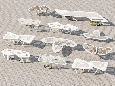 Multiple Modern Pergola Designs With Geometric Shapes And White Outdoor Structures 3d model