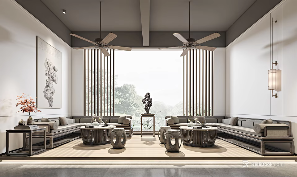 Elegant Hotel Public Lounge Area With Comfortable Sofas Coffee Tables Decorative Statue And Large Windows 3d model 