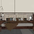 Modern Wooden Double Bed With Decorative Pillows Blue Blanket Bedside Lamps And Nightstands
