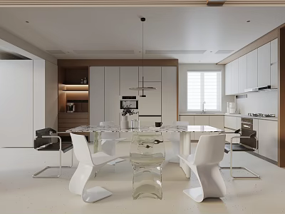 Modern Dining Table Set With White Chairs Glass Tabletop And Pendant Lights In Kitchen Area 3d model