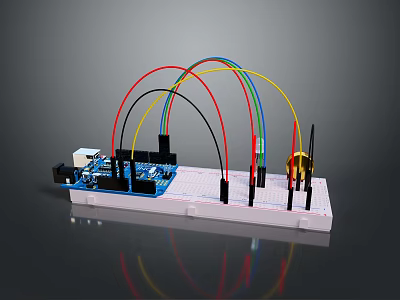 Microcontroller Circuit Board With Colored Wires Connected Electronic Components On White Base 3d model
