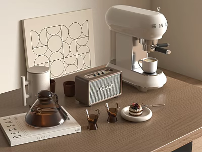 Modern Dinnerware Set With Coffee Machine Glass Pot Cups Cake Plate Fork And Geometric Art 3d model