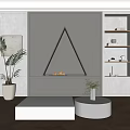 Triangle Fireplace on Gray Wall with Flames Green Plants White Tables Wooden Floor and Bookshelf