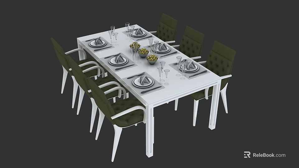 Modern Stylish Dining Table Set with White Table Green Chairs Tableware and Fruit Bowl 3d model 