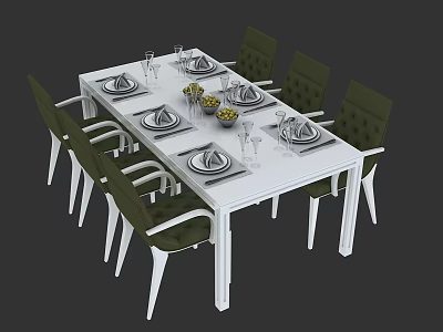 Modern Stylish Dining Table Set with White Table Green Chairs Tableware and Fruit Bowl 3d model