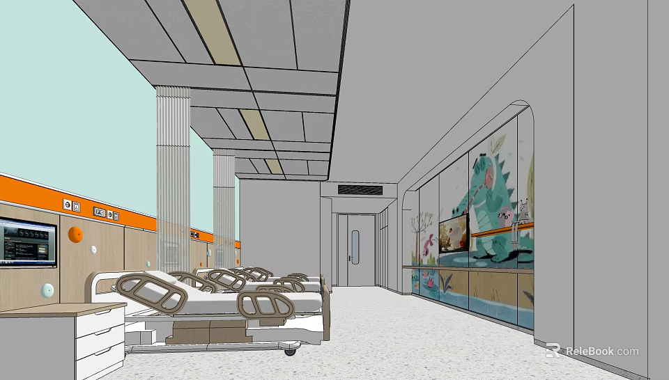 Spacious Hospital Ward Interior With Beds Rails Decorative Wall Art And Ceiling Lights 3d model 