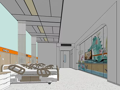 Spacious Hospital Ward Interior With Beds Rails Decorative Wall Art And Ceiling Lights 3d model
