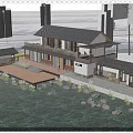 Ancient Architecture Riverside Wooden Stone Structure With Terrace And Natural Scenery View