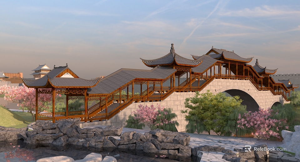 Traditional Chinese Pavilion Bridge With Wooden Roof Stone Steps Green Trees And Pink Flowers 3d model 