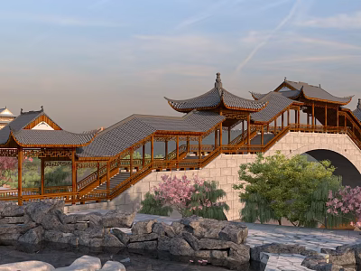 Traditional Chinese Pavilion Bridge With Wooden Roof Stone Steps Green Trees And Pink Flowers 3d model